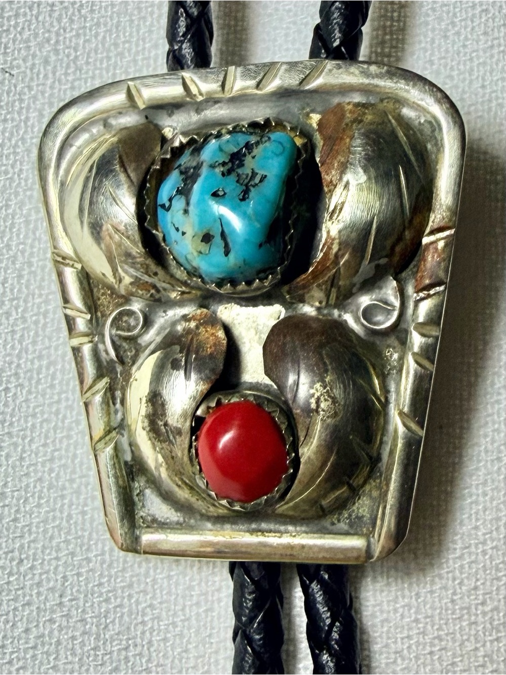 Signed (GM) Vintage Turquoise and Coral Navajo Silver Bolo Tie